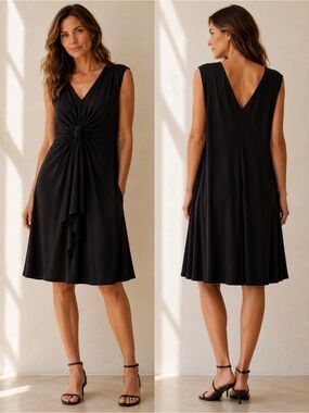 Black Sleeveless Dress Twist Front V Neck Polyester/Spandex Lizzatti Size 12 New